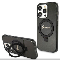 Guess Aizmugurējais vāciņš Guess Apple iPhone 15 Pro IML Ring Stand Glitter MagSafe Case Black