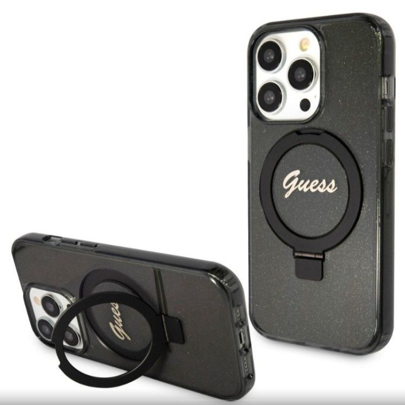 Guess Aizmugurējais vāciņš Guess Apple iPhone 15 Pro IML Ring Stand Glitter MagSafe Case Black