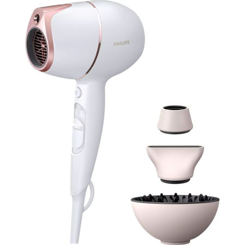 Philips Veselības aizsardzība Philips  Hair Dryer with SenseIQ | BHD628/00 Prestige | 1800 W | Number of temperature settings 3 | Ionic function | Diffuser nozzle | White/Rose
