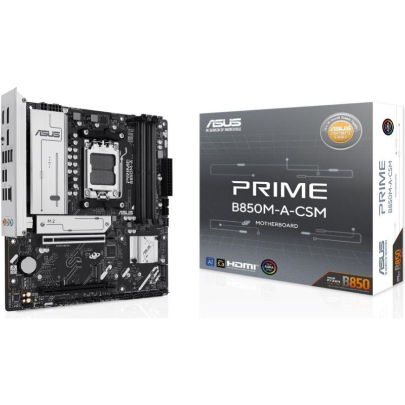 Asus Pamatplate AMD procesorsiem Asus  Mainboard||AMD B850|SAM5|Micro-ATX|Memory DDR5|Memory slots 4|1xPCI-Express 4.0 16x|1xPCI-Express 5.0 16x|3xM.2|1xHDMI|2xDisplayPort|4xUSB 2.0|4xUSB 3.2|1xRJ45|3xAudio port|PRIMEB850M-A-CSM