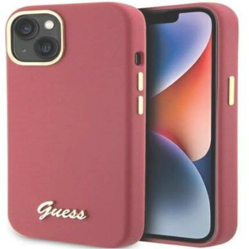 Guess Aizmugurējais vāciņš Guess Apple iPhone 15 / 14 / 13 6.1 magenta hardcase Silicone Script Metal Logo Red