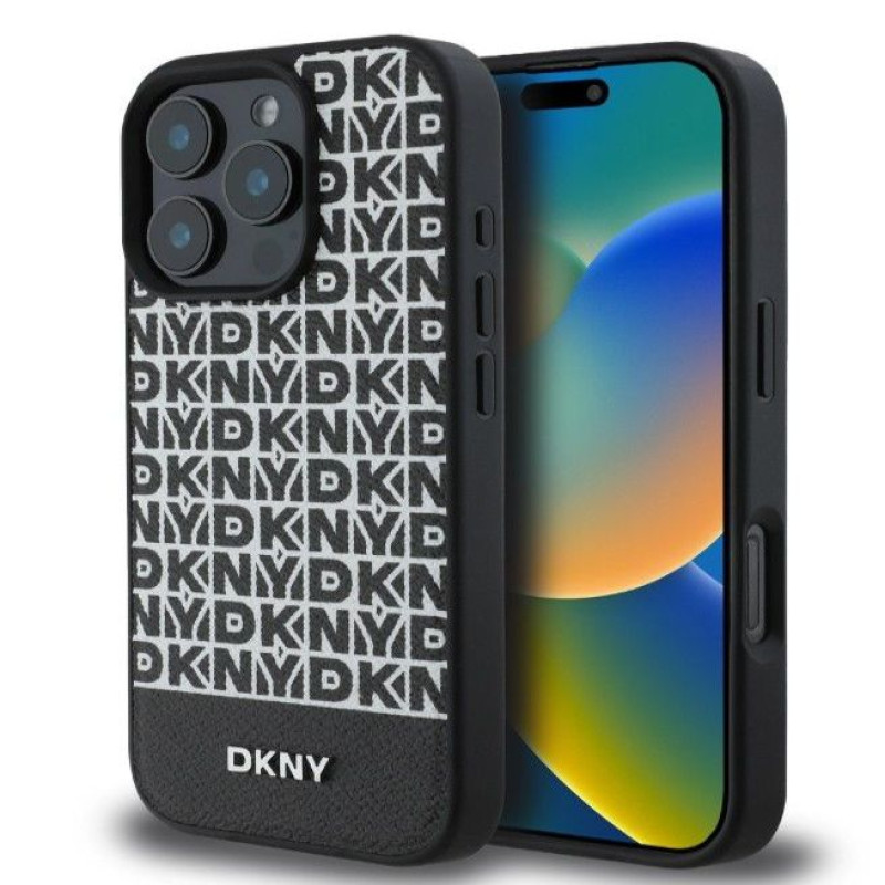 Dkny Aizmugurējais vāciņš DKNY Apple iPhone 16 Pro PU Leather Repeat Pattern Bottom Stripe MagSafe Case Black