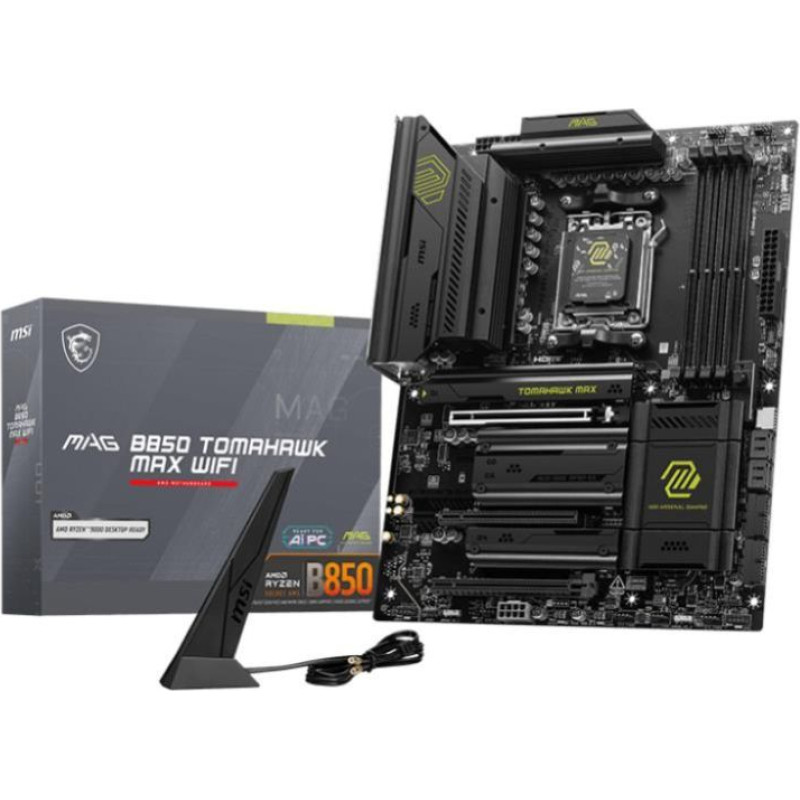MSI Pamatplate AMD procesorsiem MSI  Mainboard||AMD B850|SAM5|ATX|Memory DDR5|Memory slots 4|3xPCI-Express 16x|4xM.2|1xHDMI|1xAudio-In|1xAudio-Out|4xUSB 2.0|1xUSB 3.0|2xUSB 3.2|3xUSB-C|1xRJ45|B850TOMAHAWKMAXWIFI