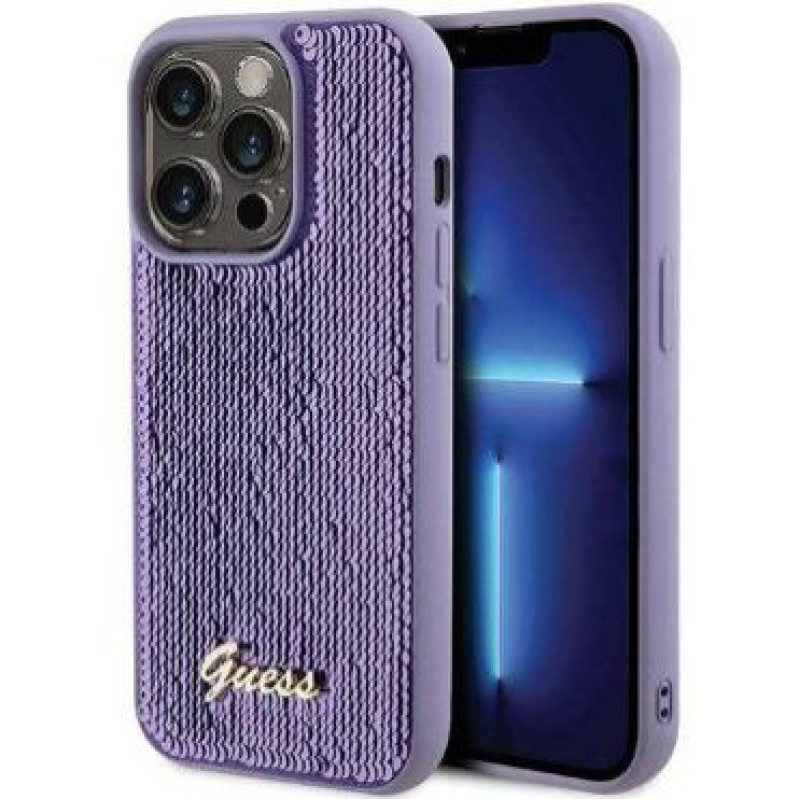 Guess Aizmugurējais vāciņš Guess Apple iPhone 15 Pro HC SEQUIN SCRIPT METAL Purple