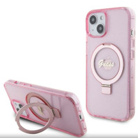Guess Aizmugurējais vāciņš Guess Apple iPhone 15 IML Ring Stand Glitter MagSafe Case Pink