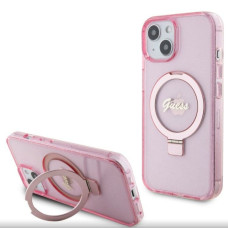 Guess Aizmugurējais vāciņš Guess Apple iPhone 15 IML Ring Stand Glitter MagSafe Case Pink