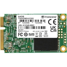 Transcend Cietais disks SSD Transcend  SSD||64GB|mSATA|SATA 3.0|3D NAND|Write speed 200 MBytes/sec|Read speed 350 MBytes/sec|TBW 35 TB|MTBF 200000 hours|TS64GMSA230S