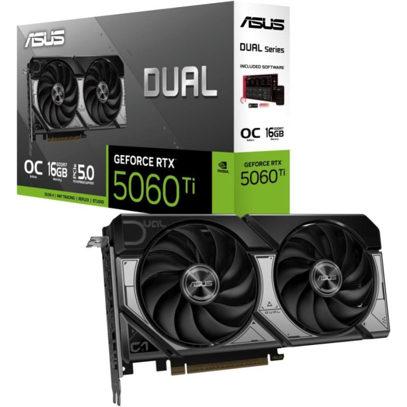Asus Grafiskās karte / Video kartes Asus  Graphics Card||NVIDIA GeForce RTX 5060 Ti|16 GB|GDDR7|128 bit|PCIE 5.0 16x|Dual Slot Fansink|1xHDMI|3xDisplayPort|DUAL-RTX5060TI-O16G
