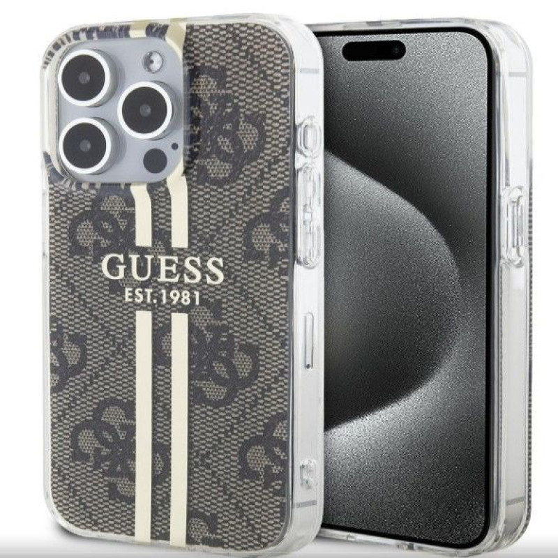 Guess Aizmugurējais vāciņš Guess Apple iPhone 15 Pro IML 4G Gold Stripe Case Brown