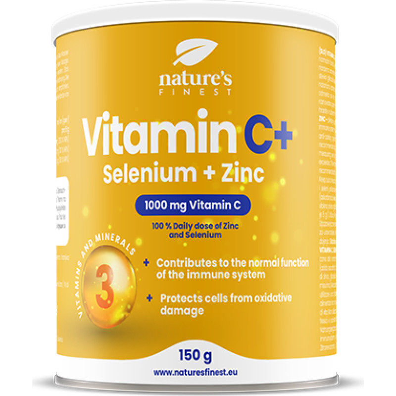 Nature's finest Cink + Selen + Vitamin C. Unikāla imunitātes stiprināšanas formula - augstas dozācijas C vitamīnas ar cinku un selēnu. Bez cukura. 150g
