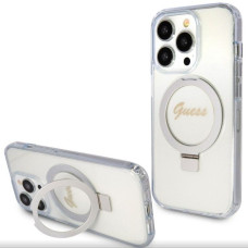 Guess Aizmugurējais vāciņš Guess Apple iPhone 15 Pro Max  IML Ring Stand Glitter MagSafe Case Transparent