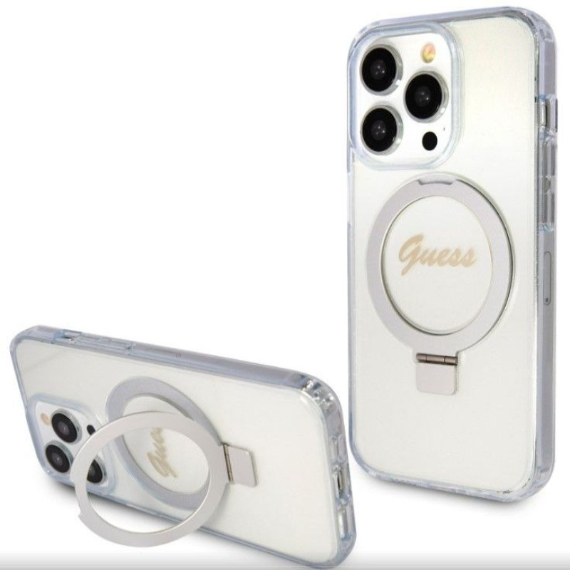 Guess Aizmugurējais vāciņš Guess Apple iPhone 15 Pro Max  IML Ring Stand Glitter MagSafe Case Transparent