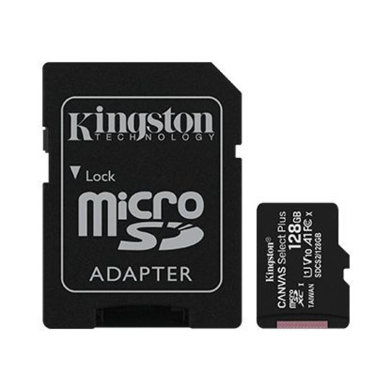 Kingston Atmiņas kartes Kingston  Canvas Select Plus UHS-I 128 GB, MicroSDXC, Flash memory class 10, SD Adapter