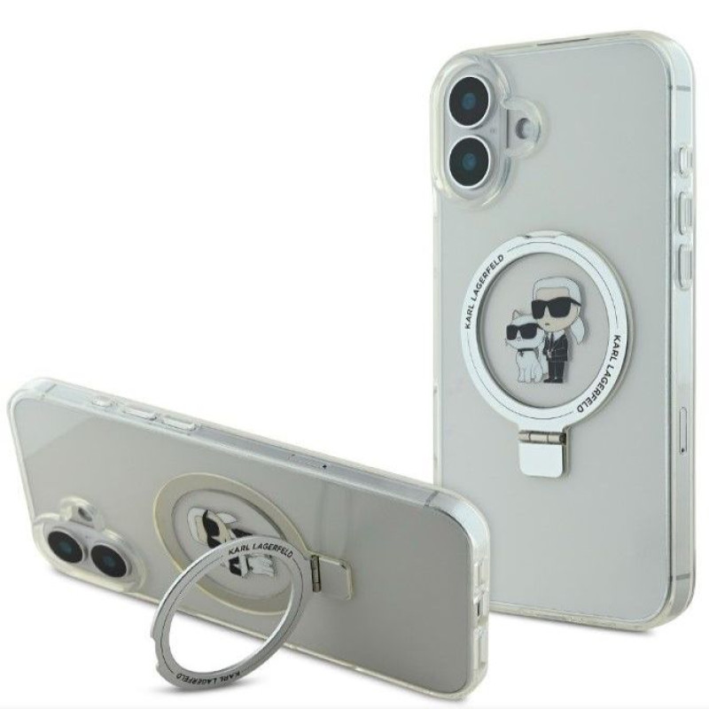 Karl Lagerfeld Aizmugurējais vāciņš Karl Lagerfeld Apple iPhone 16 Ringstand Karl and Choupette MagSafe Case Transparent