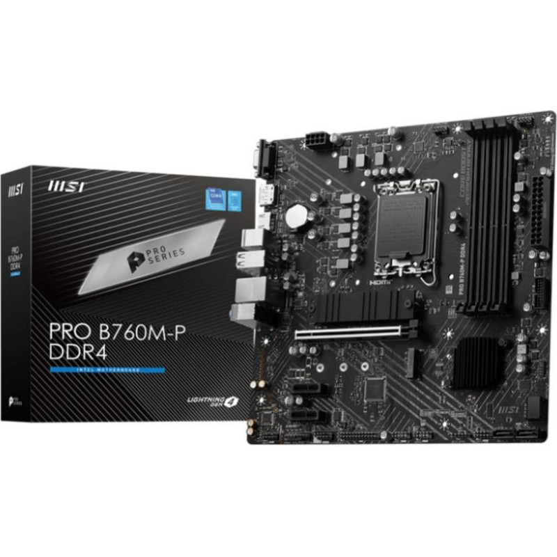 MSI Pamatplate Intel procesorsiem MSI  Mainboard||Intel B760 Express|LGA1700|Micro-ATX|Memory DDR4|Memory slots 4|2xPCI-Express 1x|1xPCI-Express 16x|2xM.2|1x15pin D-sub|1xHDMI|1xDisplayPort|4xUSB 2.0|1xUSB 3.2|1xUSB-C|2xPS/2|1xRJ45|3xAudio port|PROB760M-P