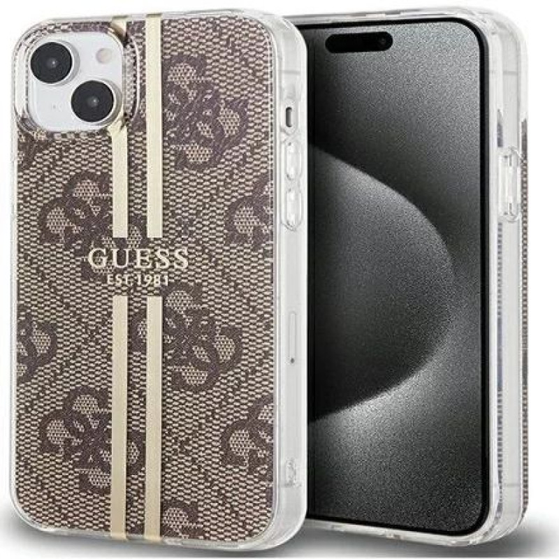 Guess Aizmugurējais vāciņš Guess - iPhone 15 brown hardcase IML 4G Gold Stripe Brown