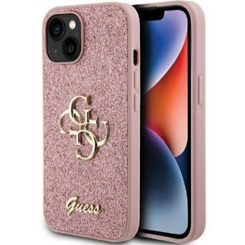 Guess Aizmugurējais vāciņš Guess Apple iPhone 15 HC FIXED GLITTER BIG 4G Pink