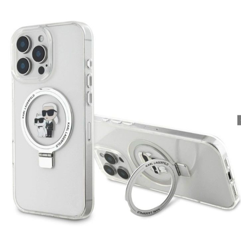 Karl Lagerfeld Aizmugurējais vāciņš Karl Lagerfeld Apple iPhone 16 Pro Ringstand Karl and Choupette MagSafe Case Transparent