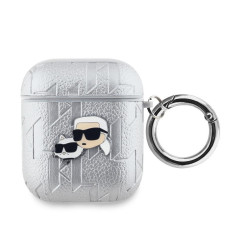 Karl Lagerfeld Maciņš austiņām Karl Lagerfeld Apple AirPods 1/2 PU Embossed Karl and Choupette Heads Case Silver