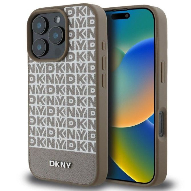 Dkny Aizmugurējais vāciņš DKNY Apple iPhone 16 Pro Max PU Leather Repeat Pattern Bottom Stripe MagSafe Case Brown