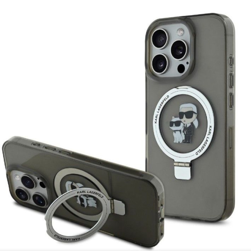 Karl Lagerfeld Aizmugurējais vāciņš Karl Lagerfeld Apple iPhone 16 Pro Ringstand Karl and Choupette MagSafe Case Black
