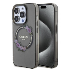 Guess Aizmugurējais vāciņš Guess Apple iPhone 15 Pro PC TPU Flowers Ring Glossy Logo MagSafe Transparent Black