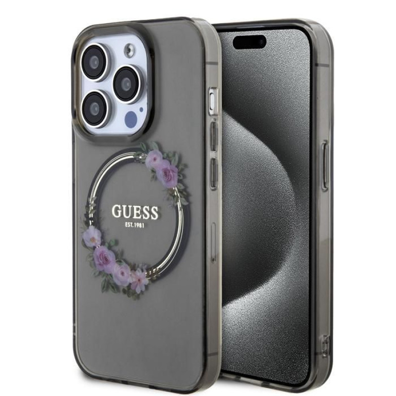 Guess Aizmugurējais vāciņš Guess Apple iPhone 15 Pro PC TPU Flowers Ring Glossy Logo MagSafe Transparent Black