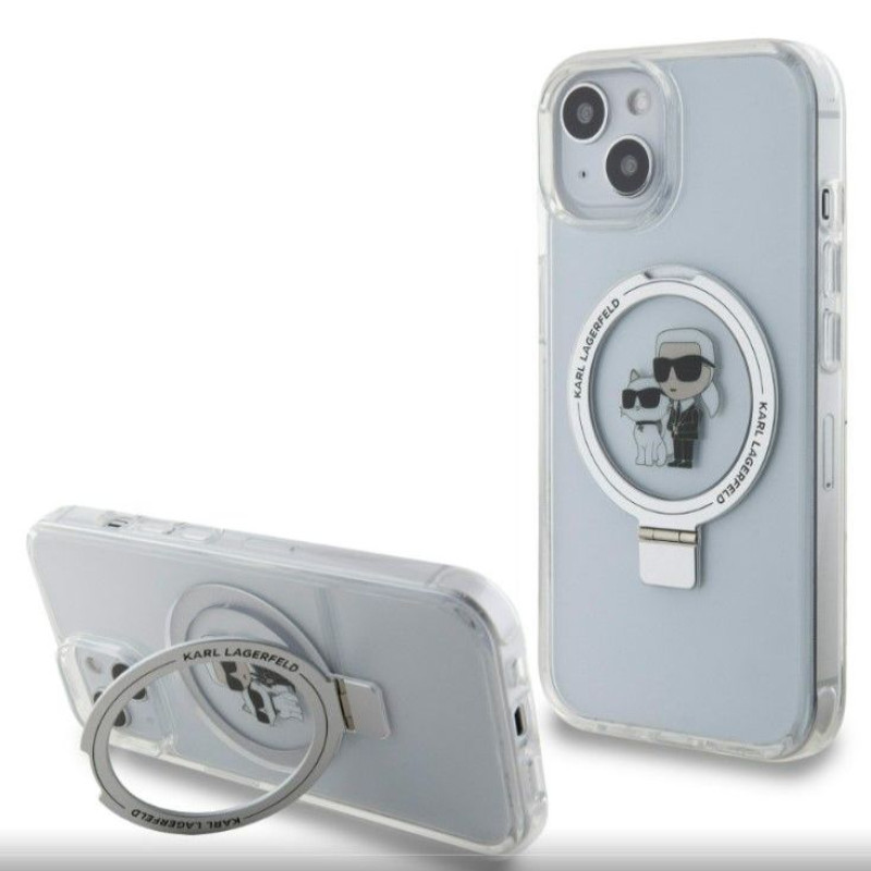 Karl Lagerfeld Aizmugurējais vāciņš Karl Lagerfeld Apple iPhone 15 Ringstand Karl and Choupette MagSafe Case White
