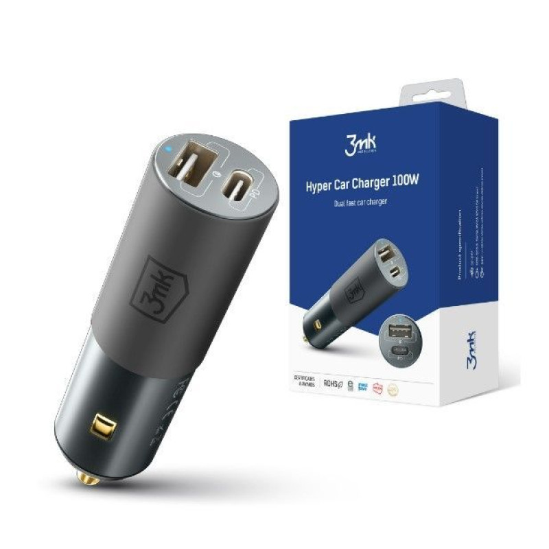3MK Auto lādētāji 3MK Universal Hyper Car Charger 100W / DC12-24 / USB-C+USB-A Black