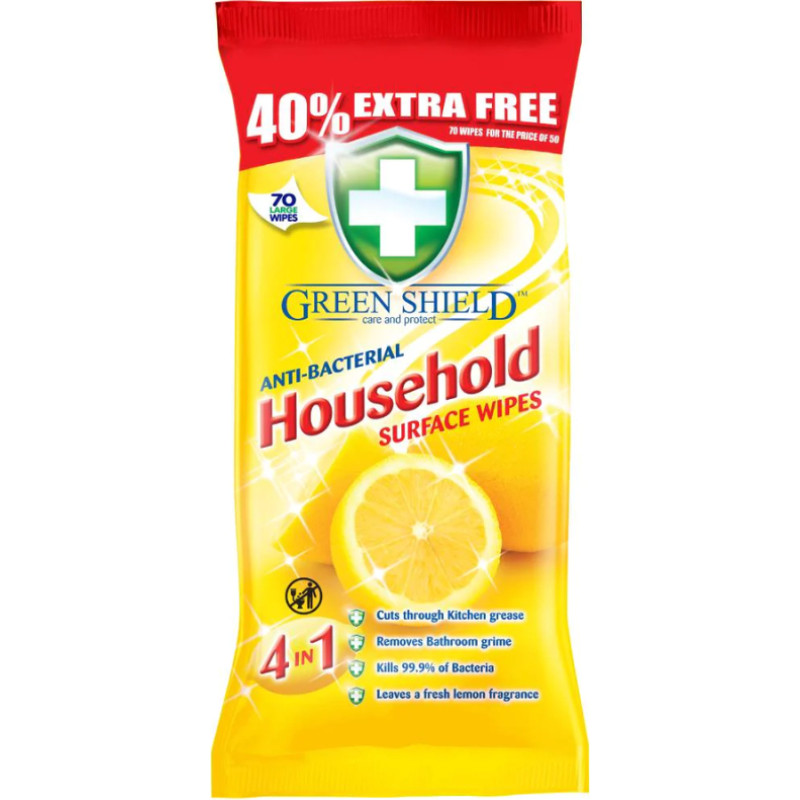 GREEN SHIELD antibacterial wet wipes for cleaning surfaces with lemon scent 70pcs