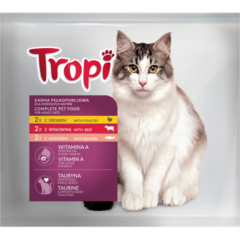 Ассортимент влажных кормов для кошек Tropi - говядина, птица, лосось 6x100 г